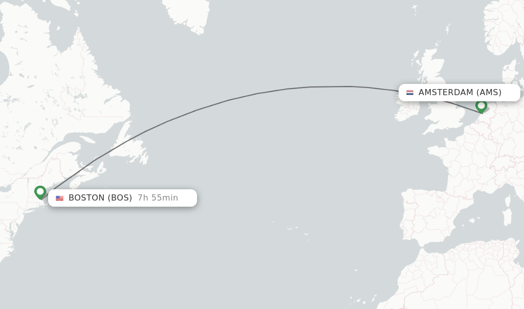 Flights from Amsterdam to Boston route map