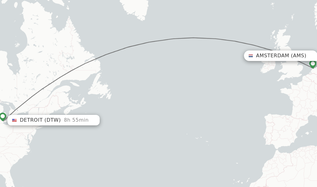 Flights from Amsterdam to Detroit route map