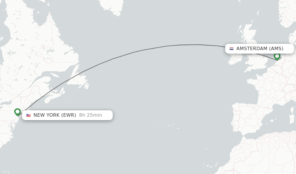 Flights from Amsterdam to New York route map