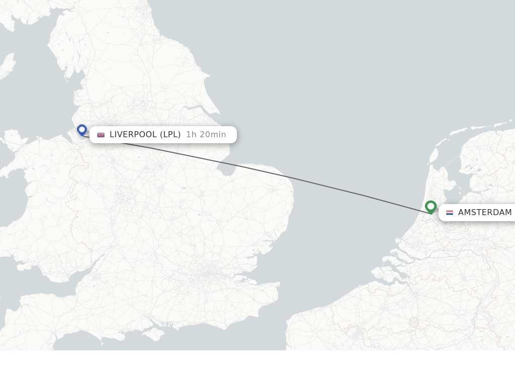 Flights from Amsterdam to Liverpool route map
