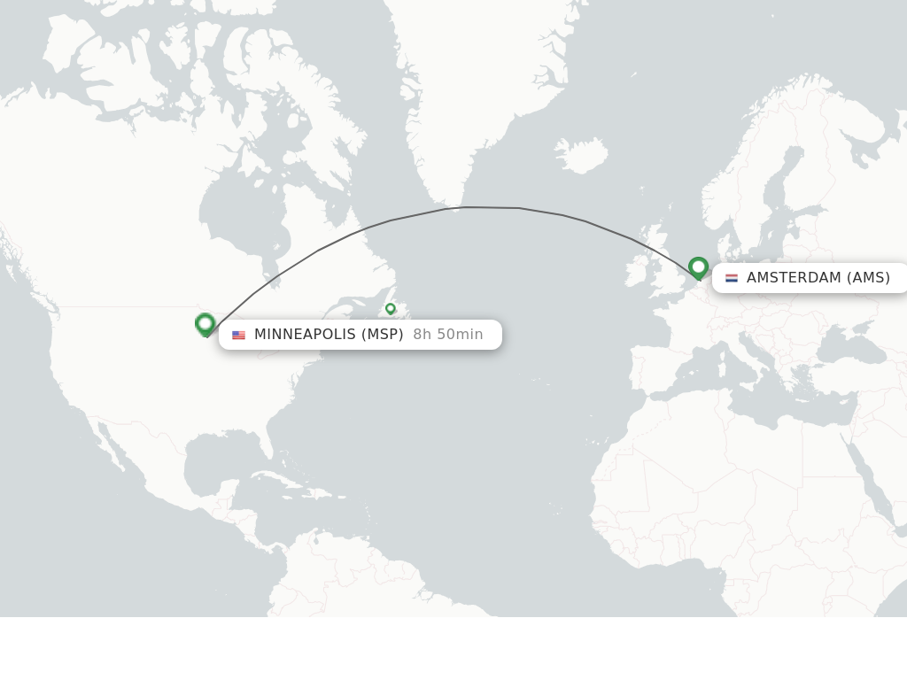 Flights from Amsterdam to Minneapolis route map