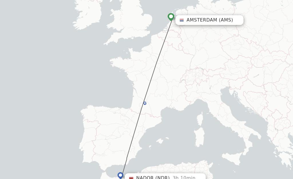 Flights from Amsterdam to Nador route map