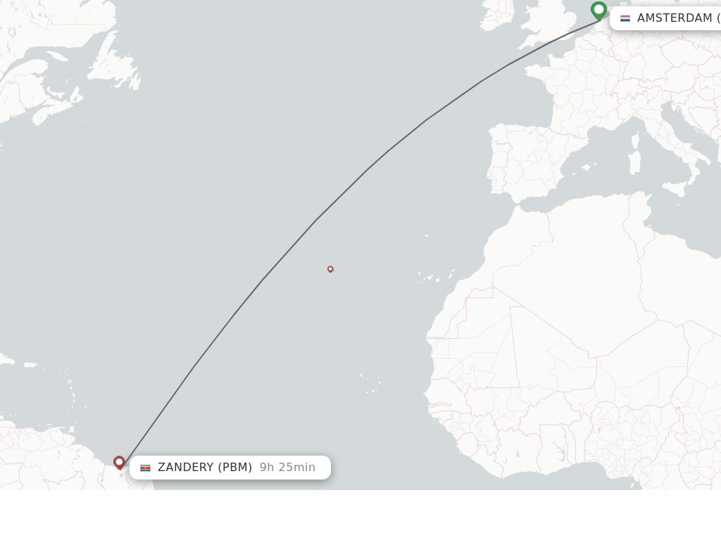 Flights from Amsterdam to Paramaribo route map
