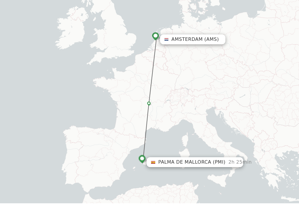 Flights from Amsterdam to Palma de Mallorca route map