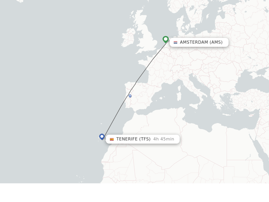 Flights from Amsterdam to Tenerife route map
