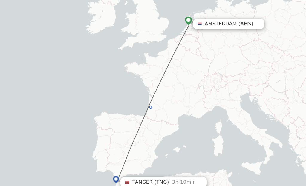 Flights from Amsterdam to Tangier route map