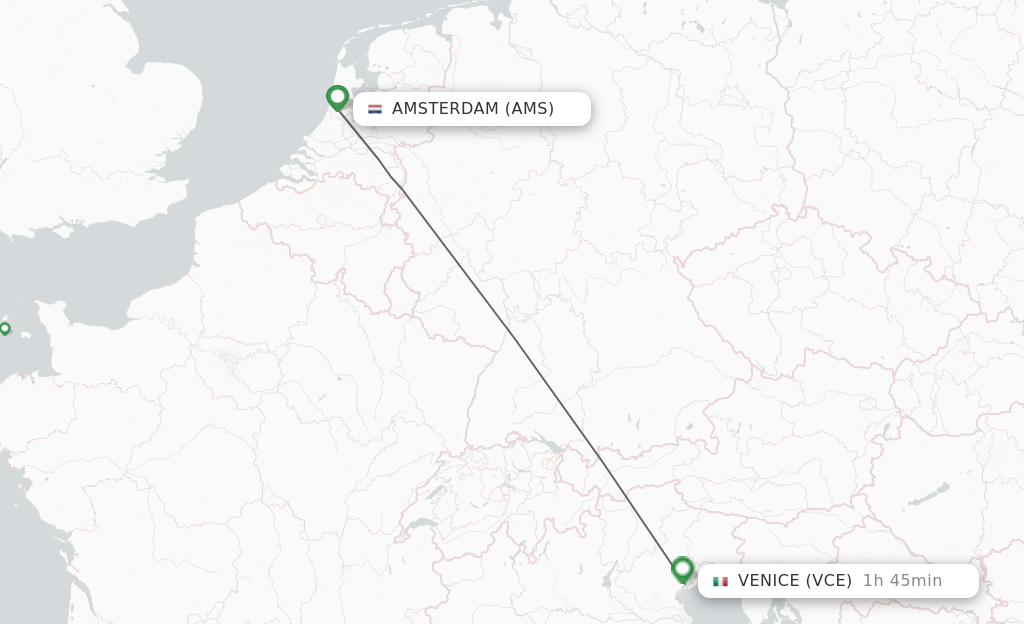 Flights from Amsterdam to Venice route map