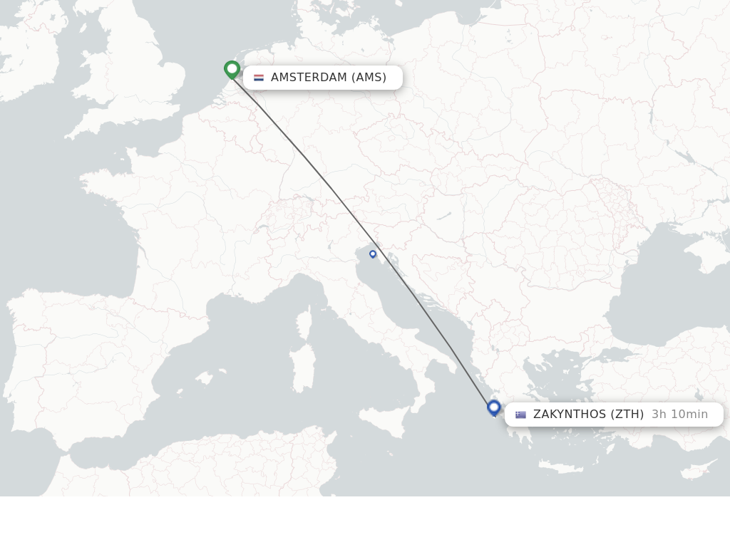 Flights from Amsterdam to Zakinthos route map