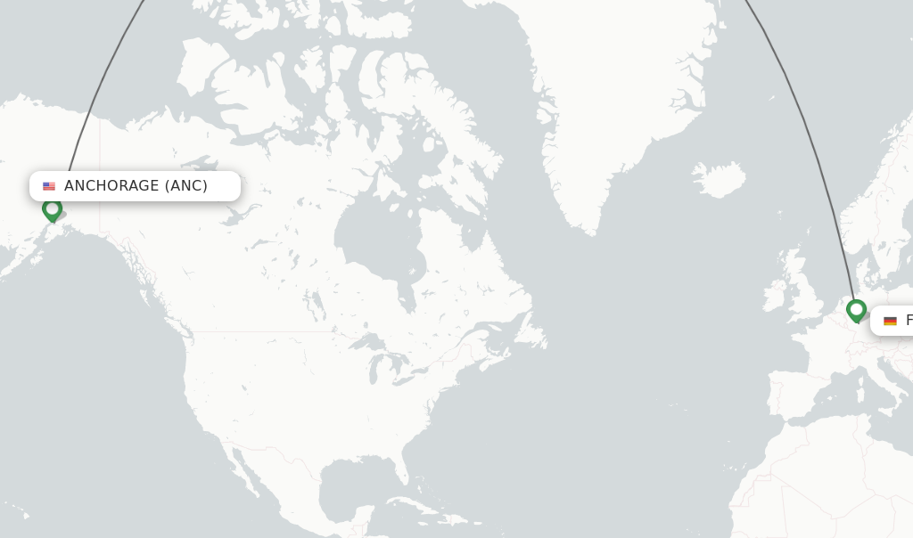 Flights from Anchorage to Frankfurt route map