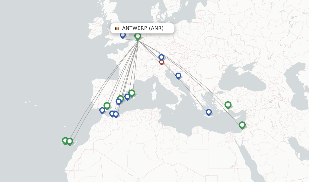 Flights from Antwerp to Al Hoceima route map
