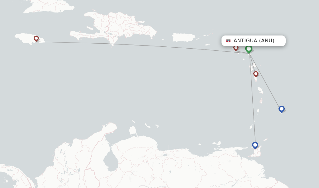 Route map with flights from Antigua with Caribbean Airlines