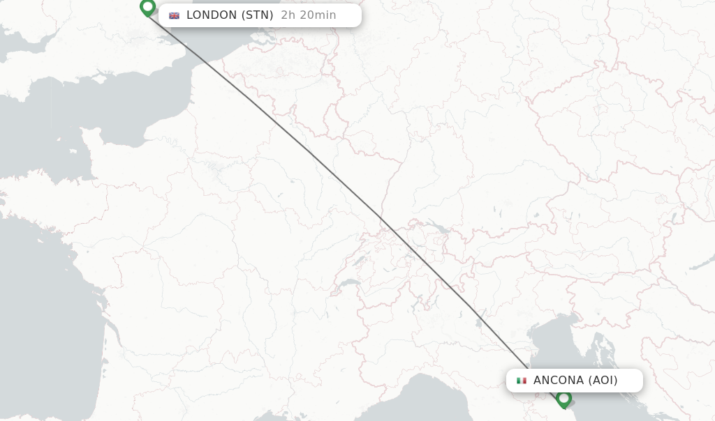 Flights from Ancona to London route map