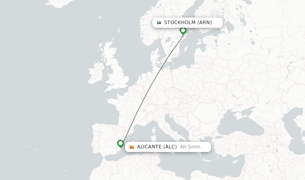 Flights from Stockholm to Alicante route map