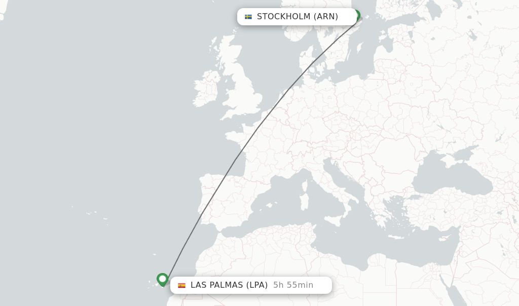 Flights from Stockholm to Las Palmas route map
