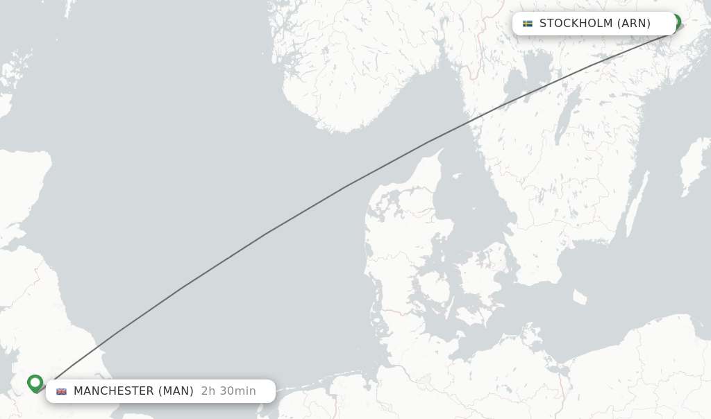Flights from Stockholm to Manchester route map