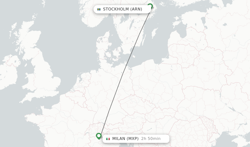 Flights from Stockholm to Milan route map
