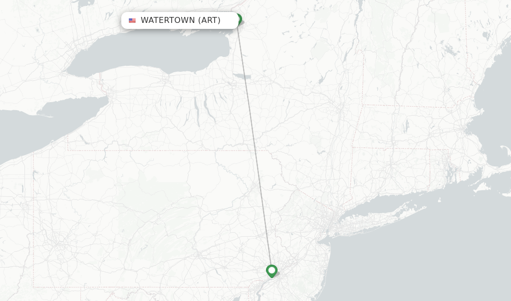 Route map with flights from Watertown with American Airlines