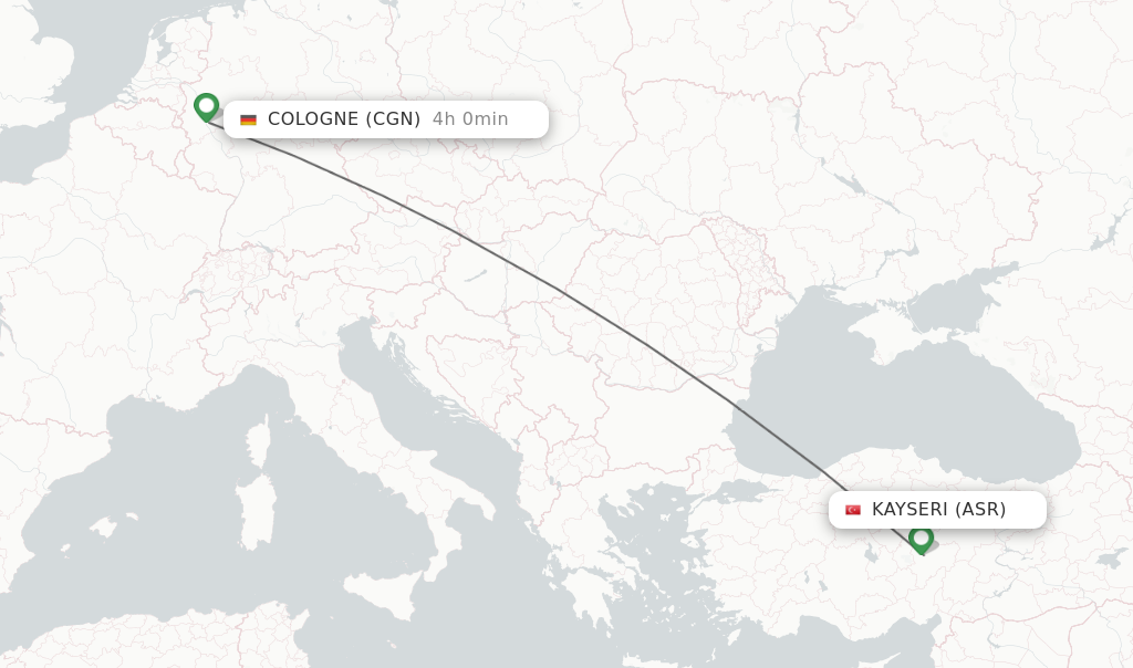Flights from Kayseri to Cologne route map