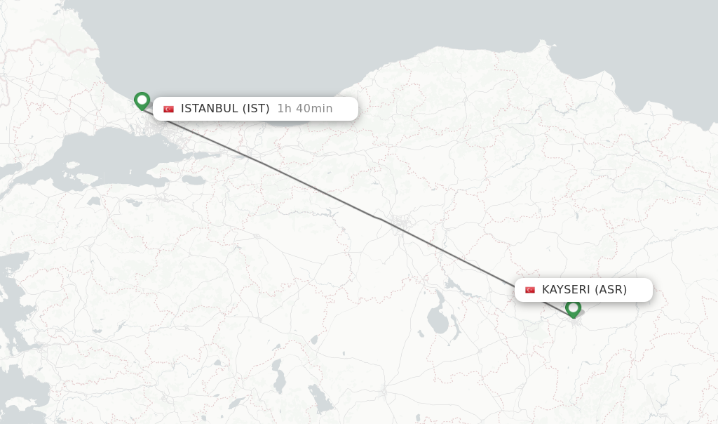 Flights from Kayseri to Istanbul route map