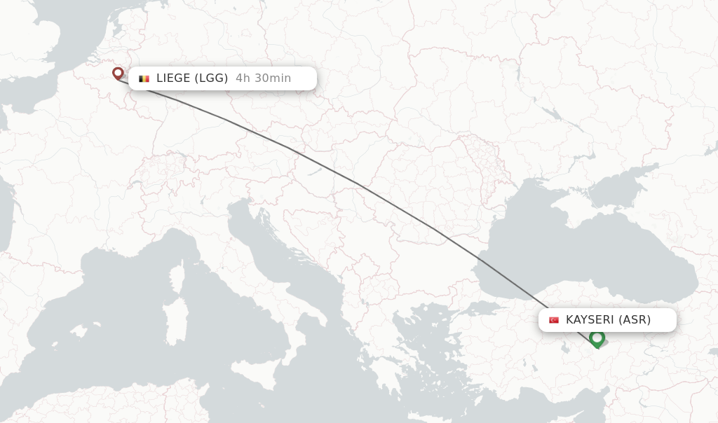 Flights from Kayseri to Liege route map