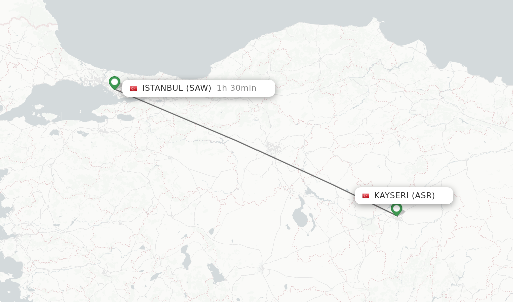 Flights from Kayseri to Istanbul route map