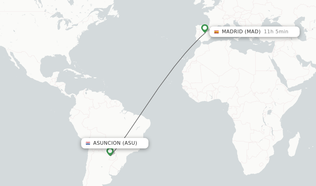 Flights from Asuncion to Madrid route map