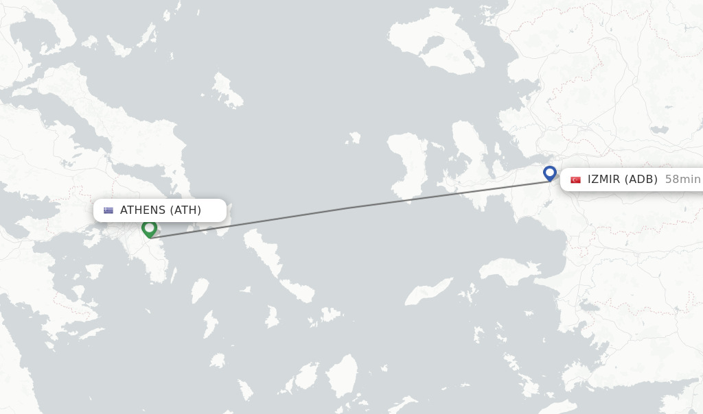 Flights from Athens to Izmir route map