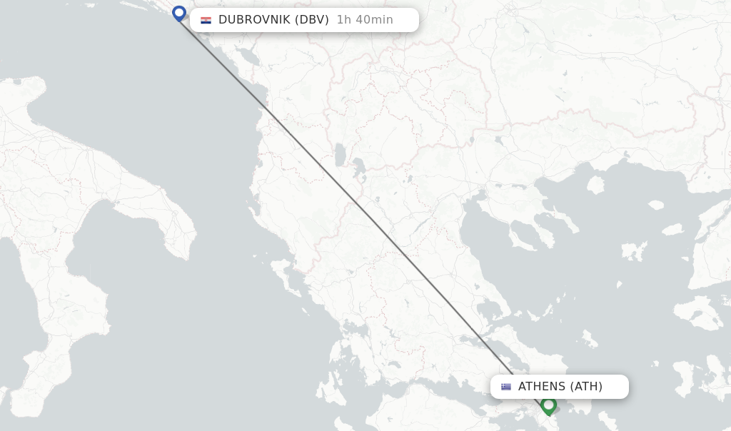 Flights from Athens to Dubrovnik route map
