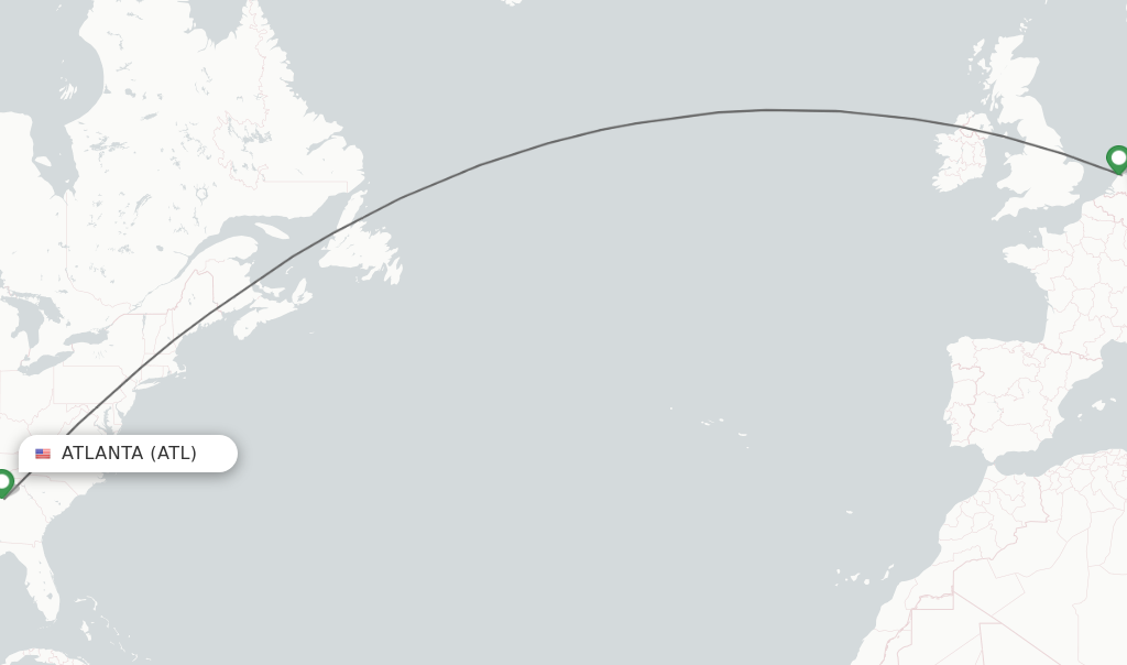 Flights from Atlanta to Amsterdam route map