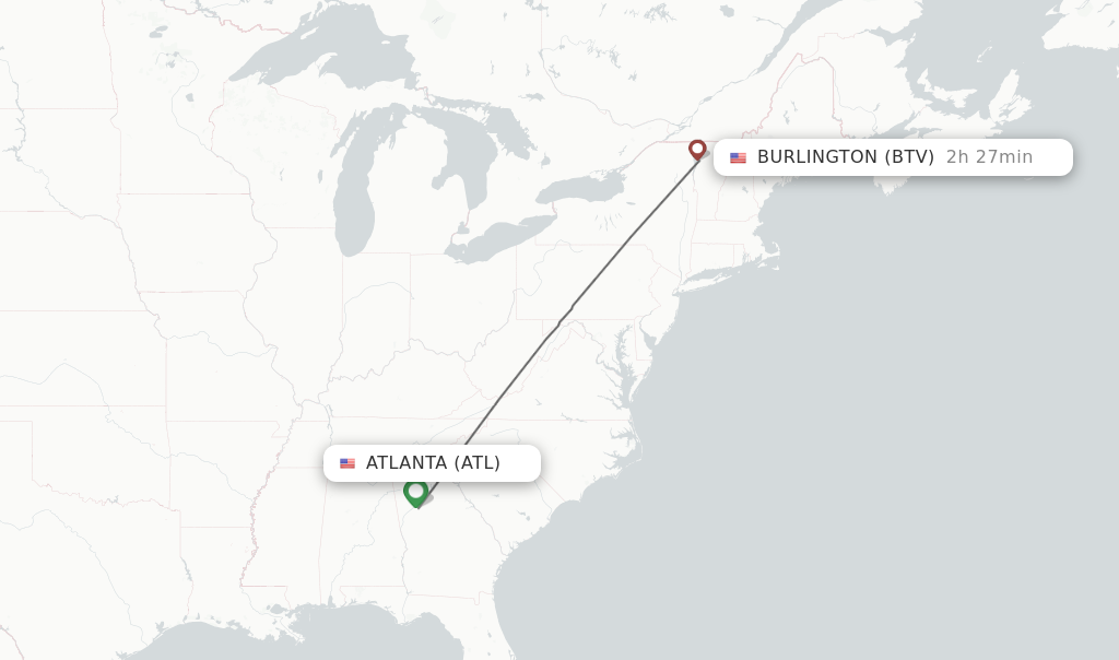 Flights from Atlanta to Burlington route map