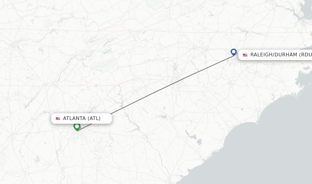Flights from Atlanta to Raleigh/Durham route map