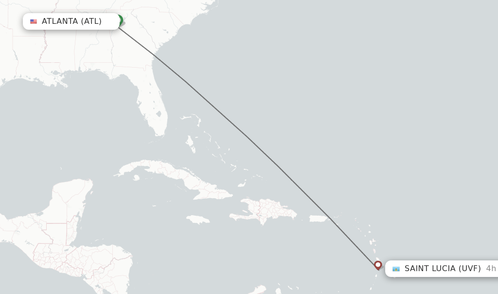 Flights from Atlanta to Saint Lucia route map