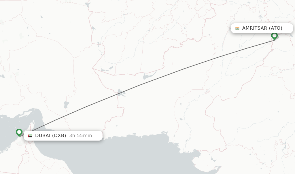 Flights from Amritsar to Dubai route map