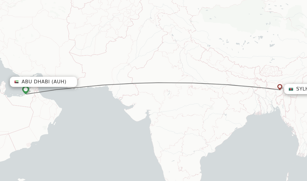 Flights from Sylhet to Abu Dhabi route map