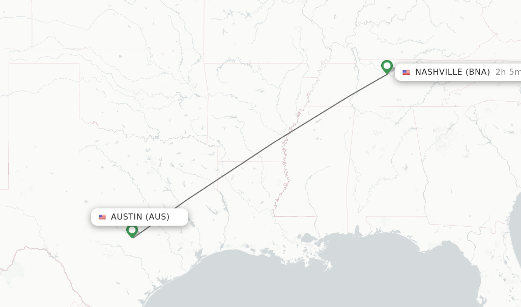 Flights from Austin to Nashville route map