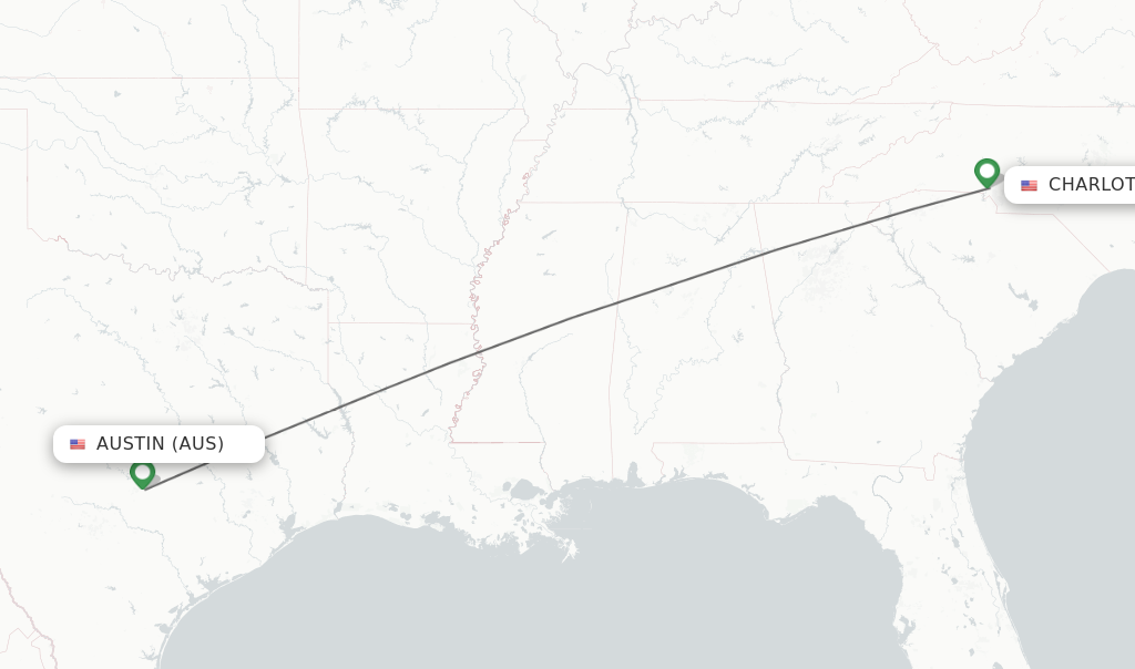 Flights from Austin to Charlotte route map