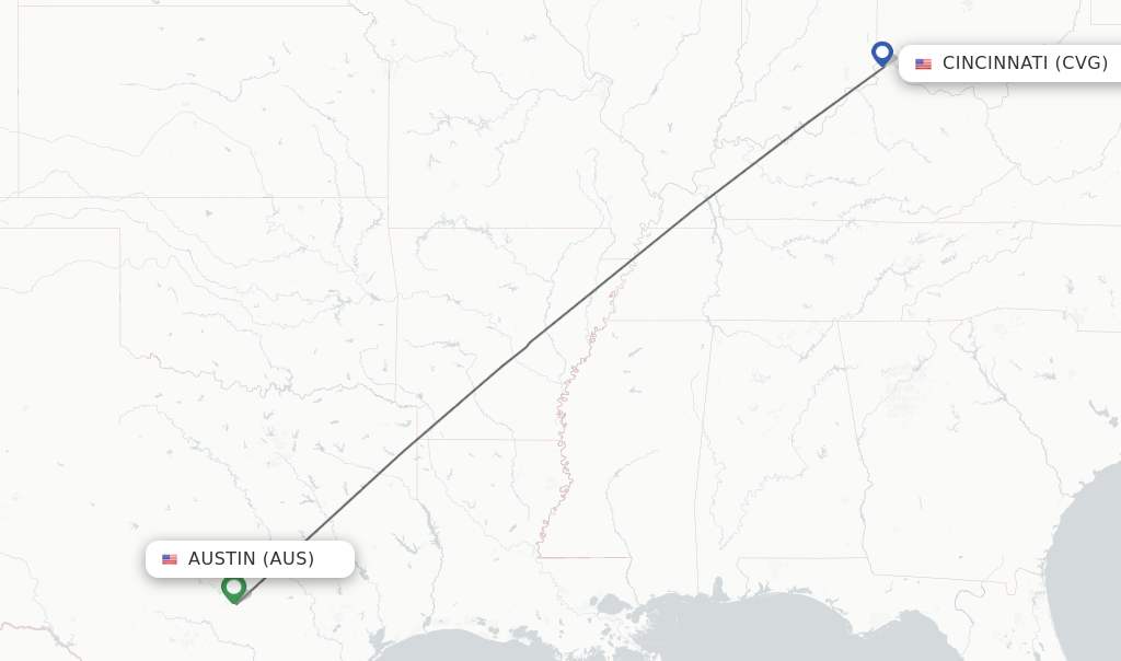 Flights from Austin to Cincinnati route map