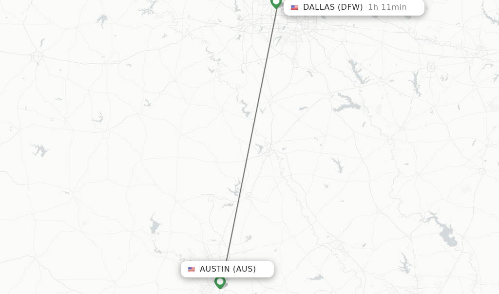 Flights from Austin to Dallas route map