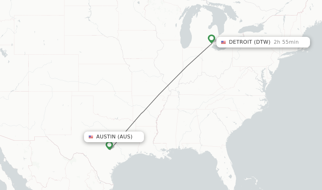 Flights from Austin to Detroit route map