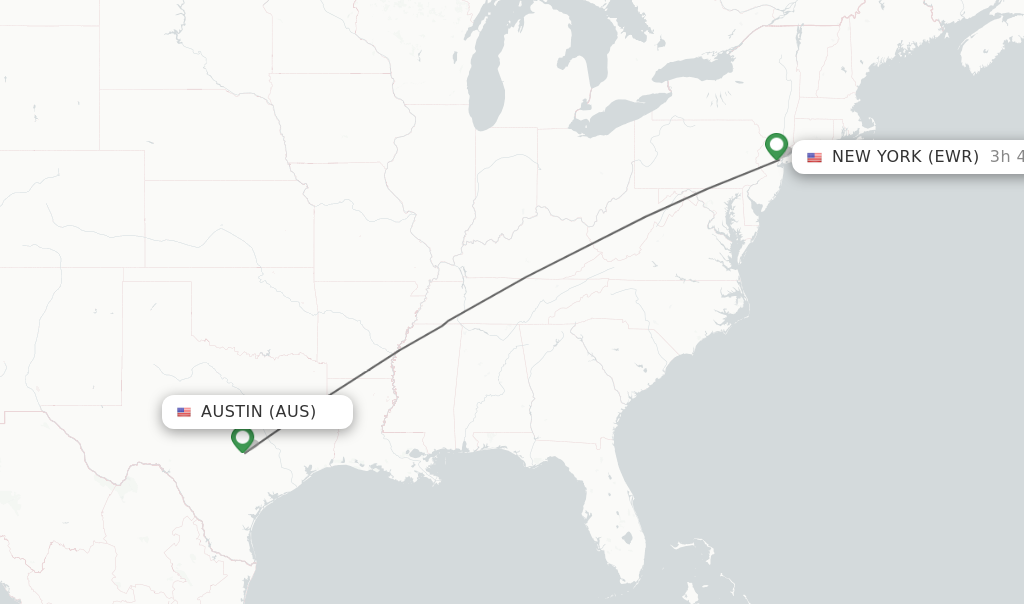 Flights from Austin to New York route map