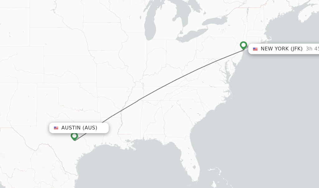 Flights from Austin to New York route map