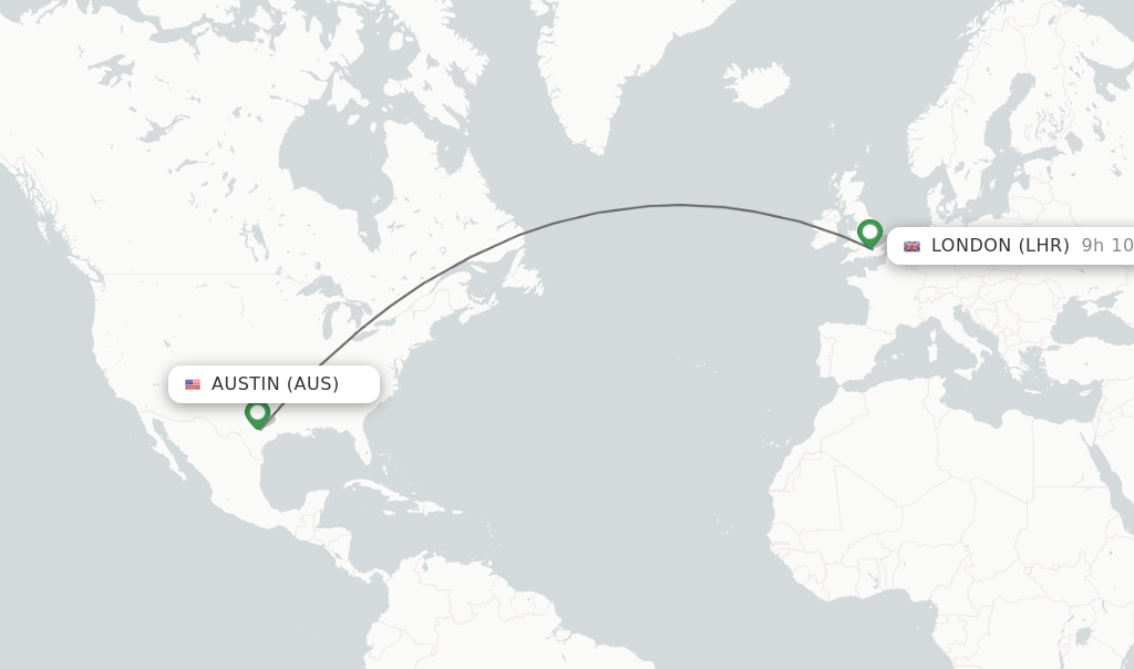 Flights from Austin to London route map