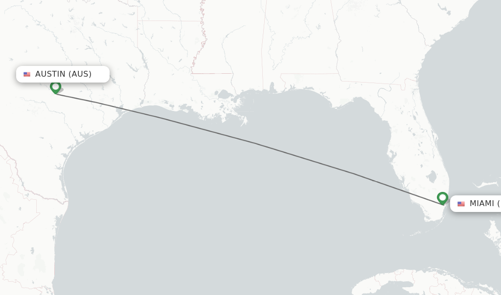 Flights from Austin to Miami route map