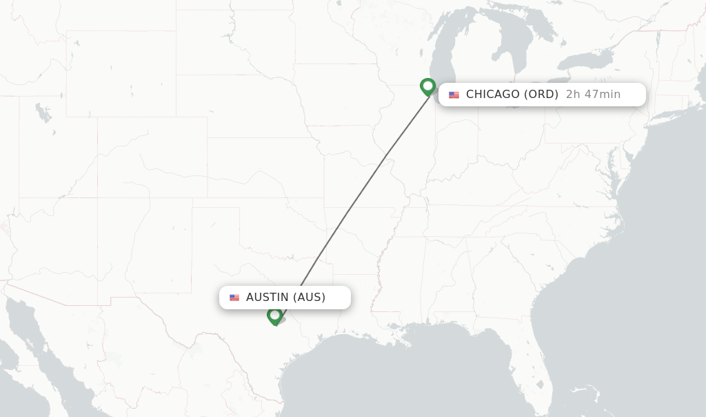 Flights from Austin to Chicago route map