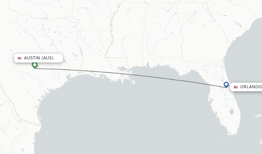 Flights from Austin to Orlando route map
