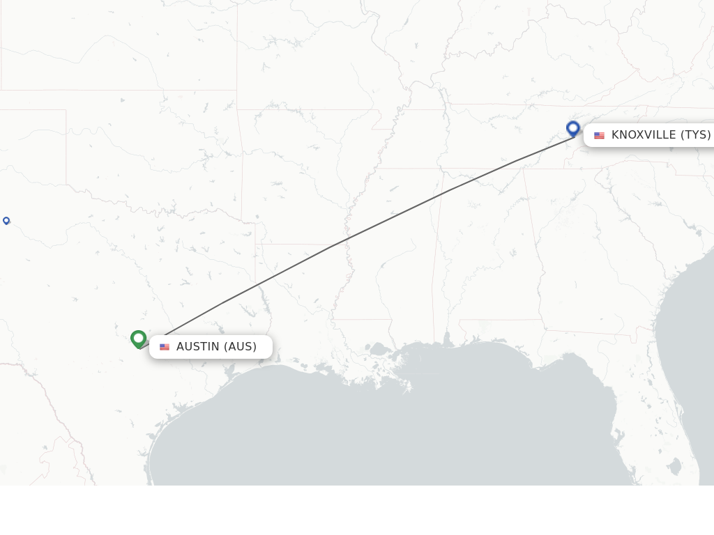 Flights from Austin to Knoxville route map