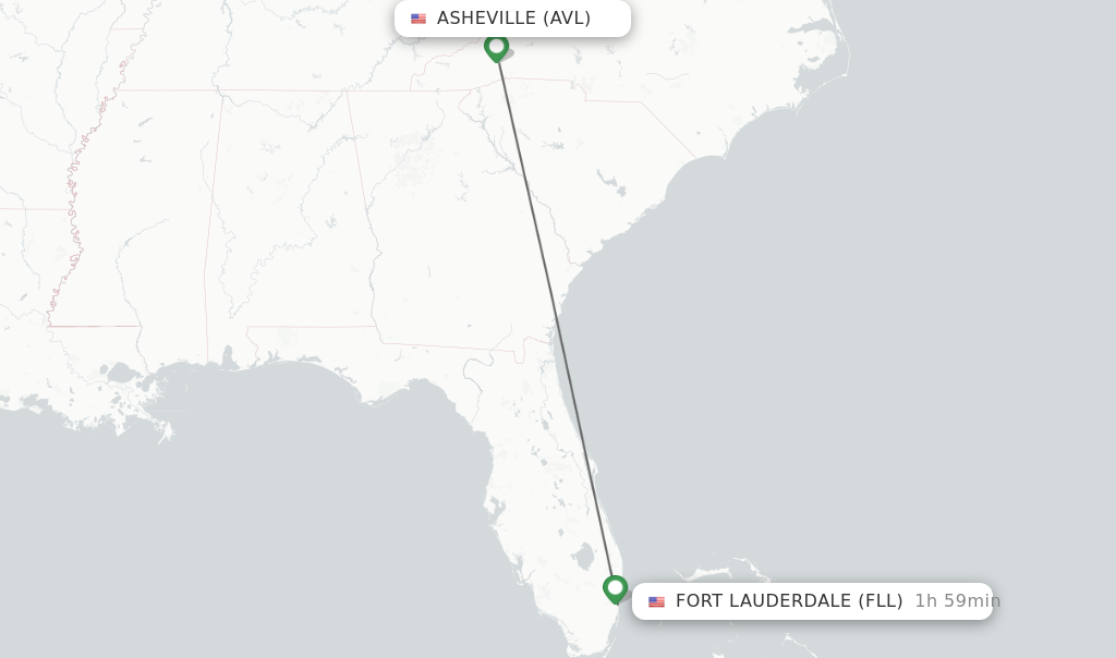 Flights from Asheville to Fort Lauderdale route map