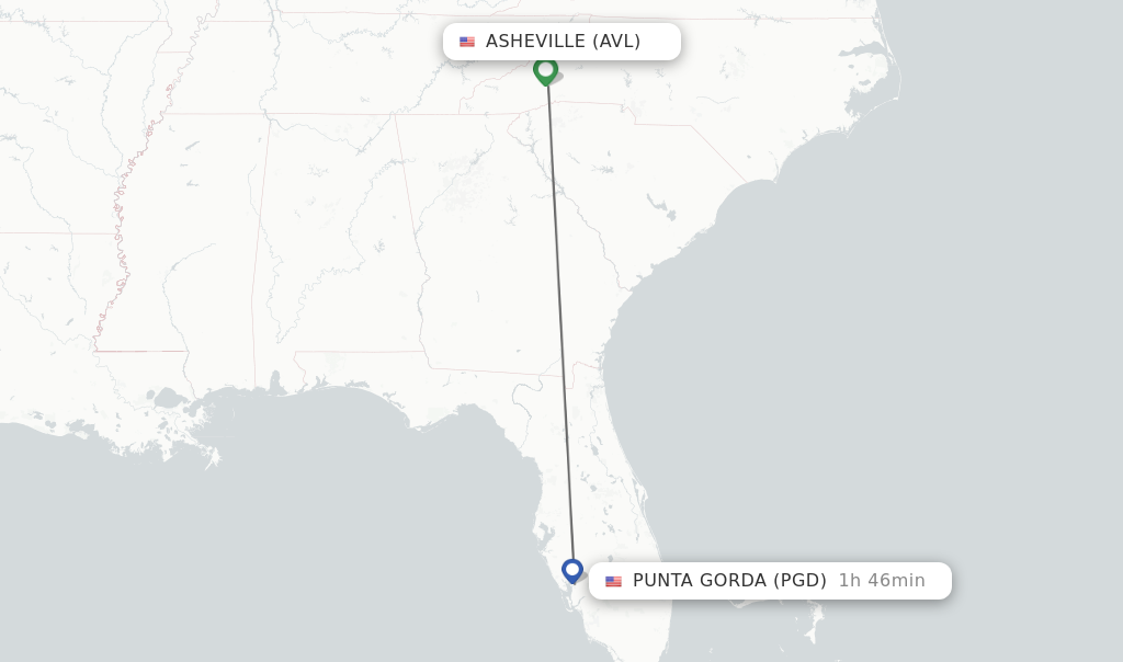 Flights from Asheville to Punta Gorda route map