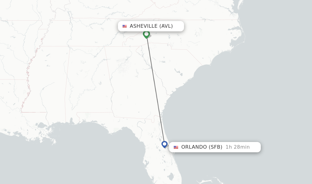 Flights from Asheville to Orlando route map