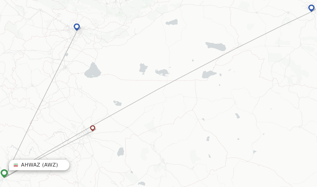 Route map with flights from Ahwaz with Iran Aseman Airlines